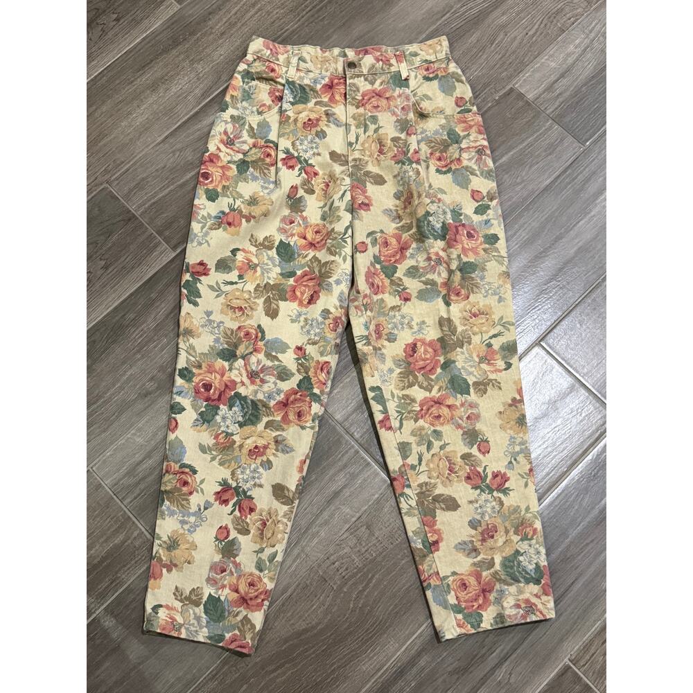 Vintage 80s 90s Floral Pleated Cotton Woman's Pants Size 14